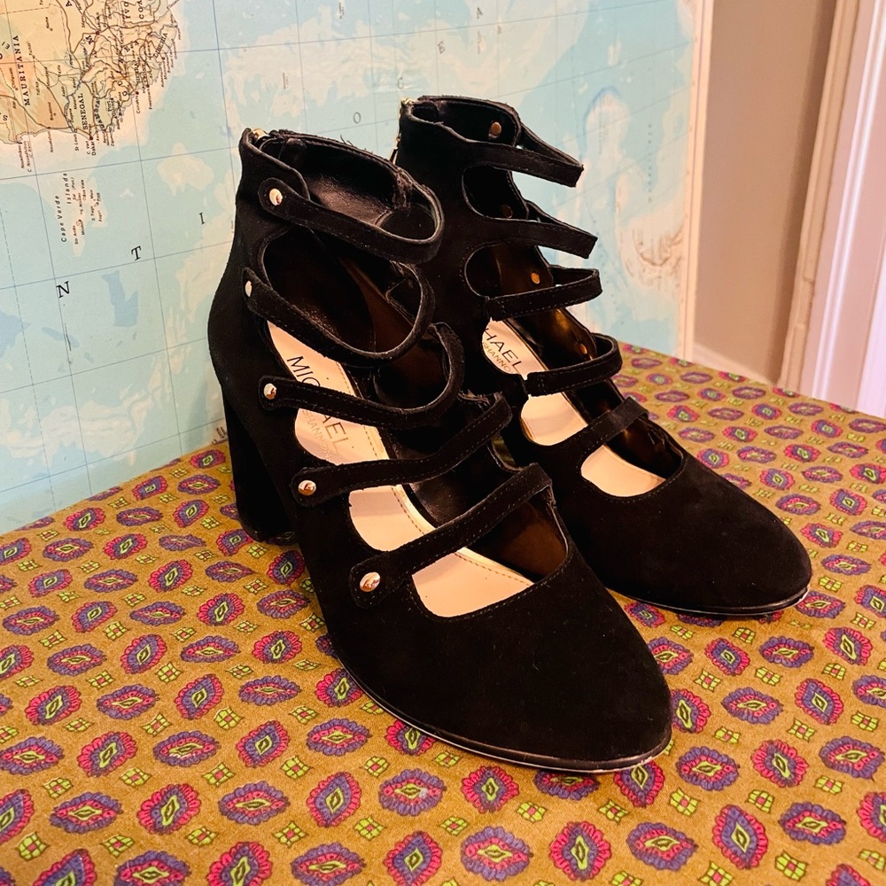 Michael By Michael Shannon Black Suede Strapped Heels with Gold Accents